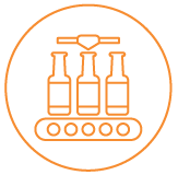 icon-conveyor-01 icon of orange circle with three bottles on a conveyor belt